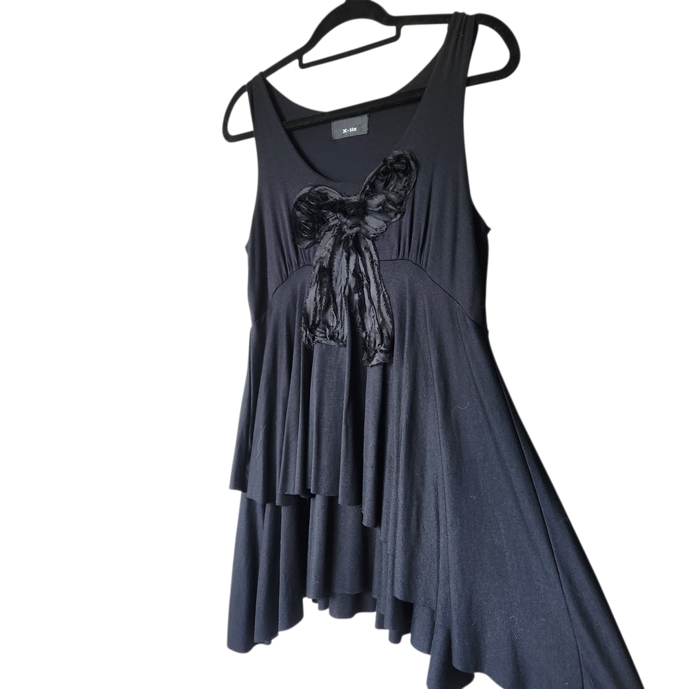 Womens Black Tank Top Asymmetrical Tiers Huge Bow Size Large Whimsigoth Made USA